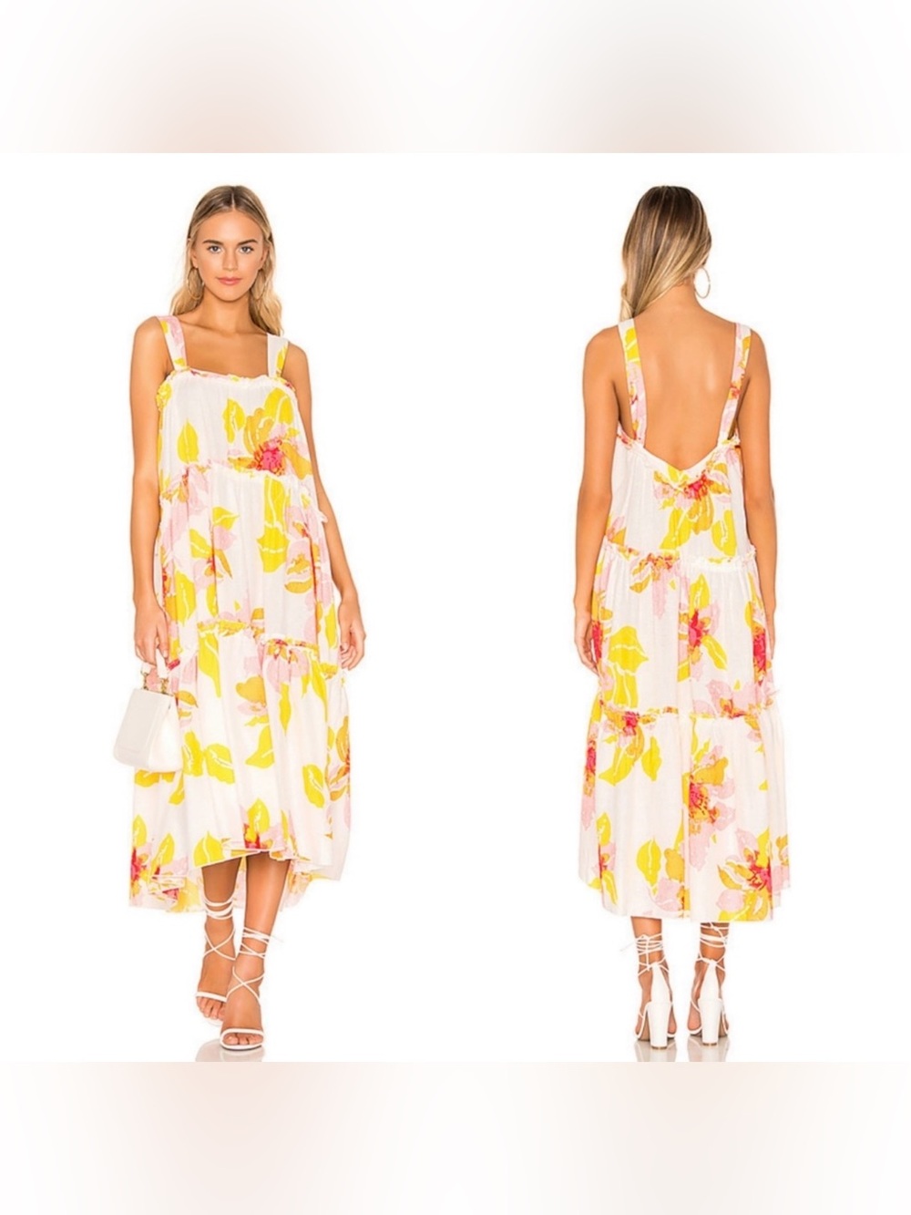 🤍💐EUC Free People “Moonshine Midi Dress” White🤍Pink💗Yellow💛Floral💐Sz Medium - Picture 4 of 15